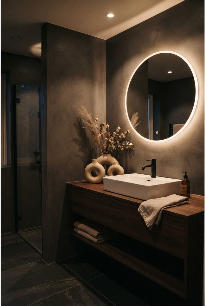 Modern bathroom with a round backlit mirror and dark wood vanity