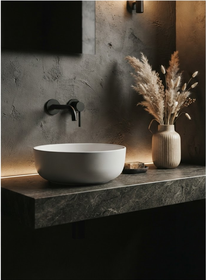 Matte black wall faucet over a white basin with dried pampas grass
