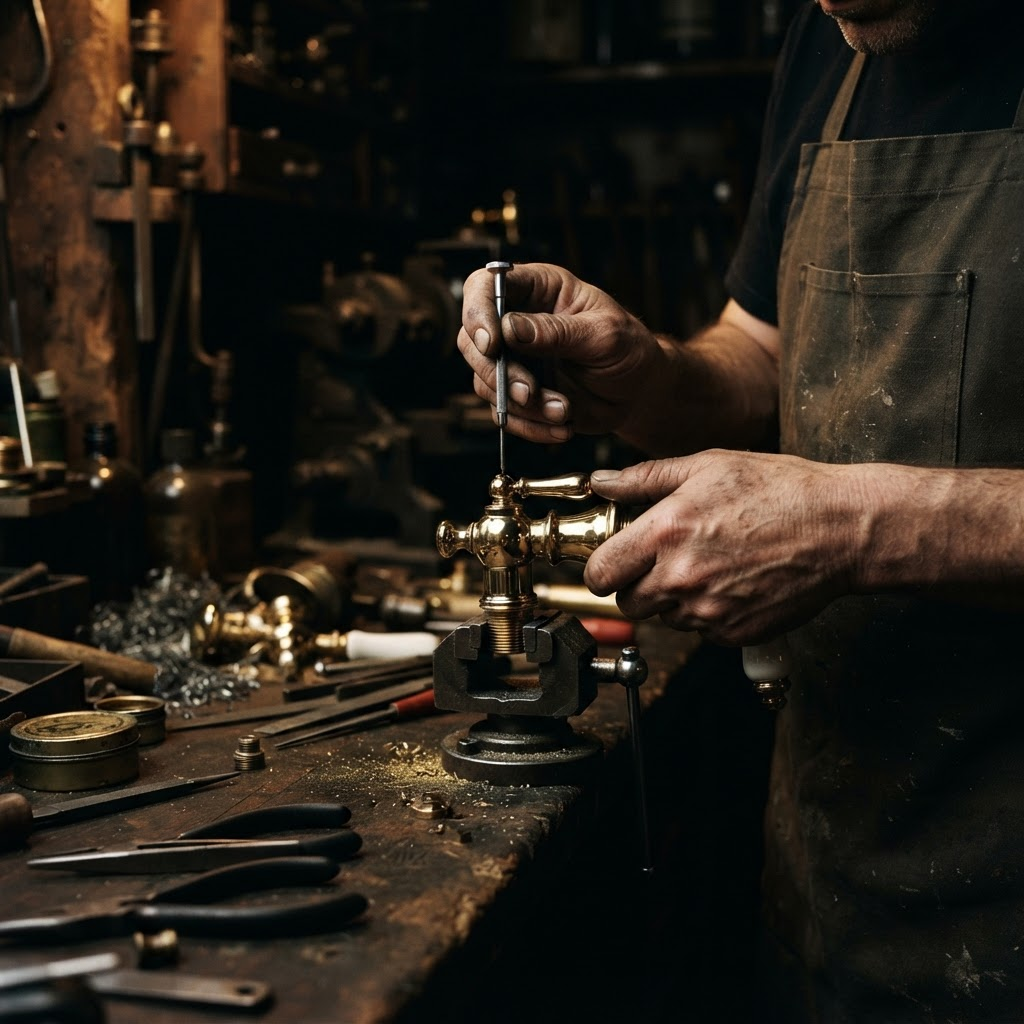 Craftsman's hands precision-working a polished metal bathroom fixture