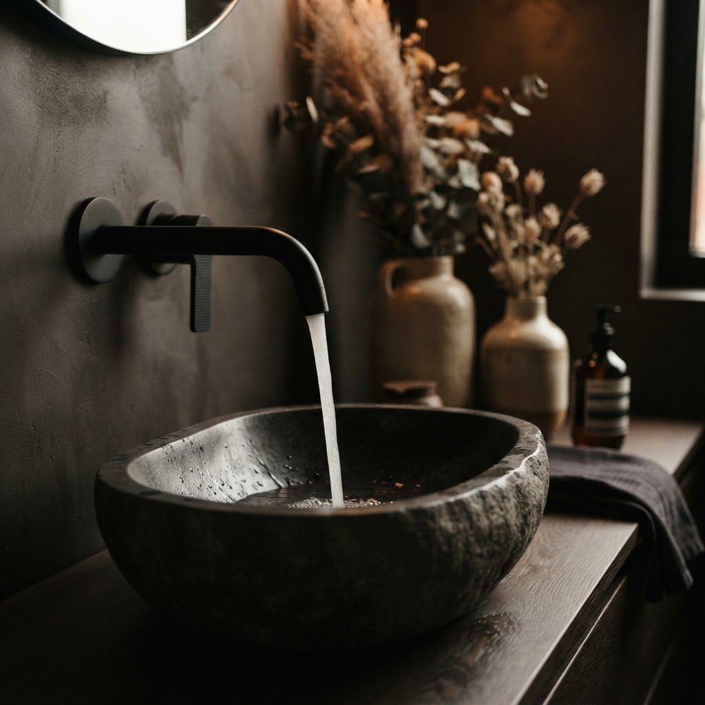 Hansberg faucet with running water over a dark stone basin