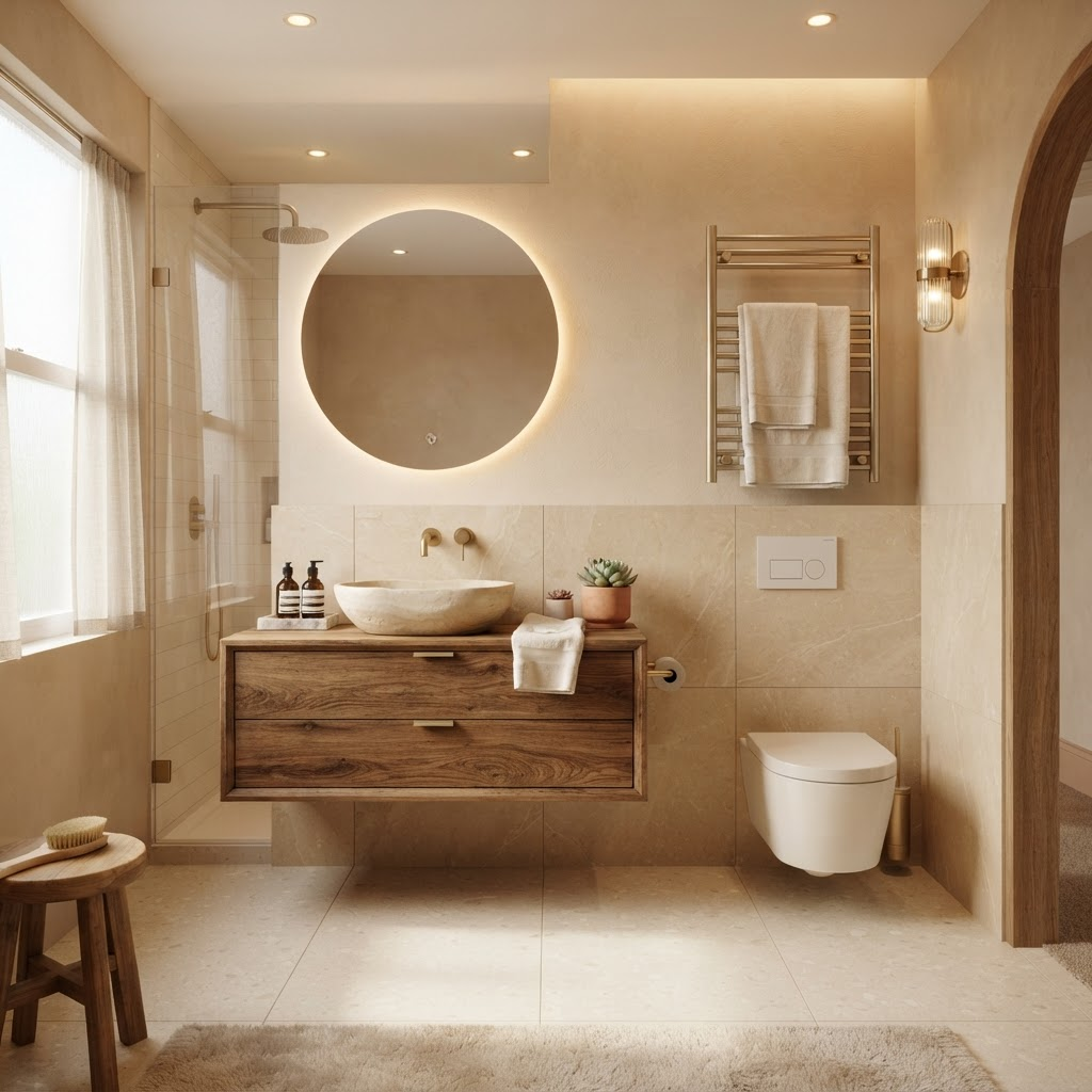 Hansberg bathroom accessories styled on a vanity