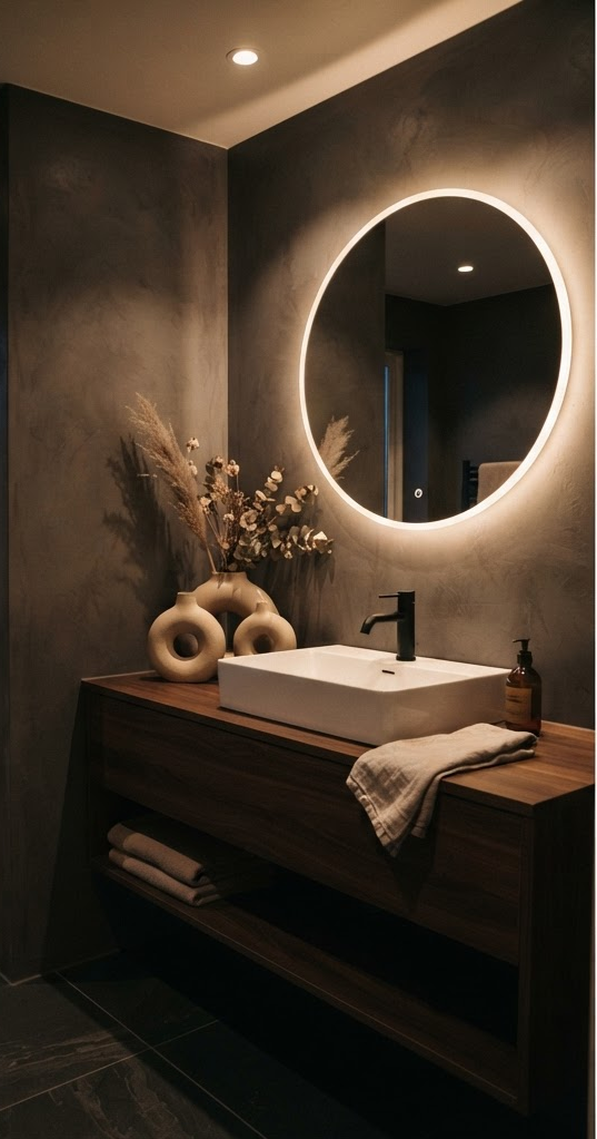 Modern bathroom with a round backlit mirror and dark stone basin