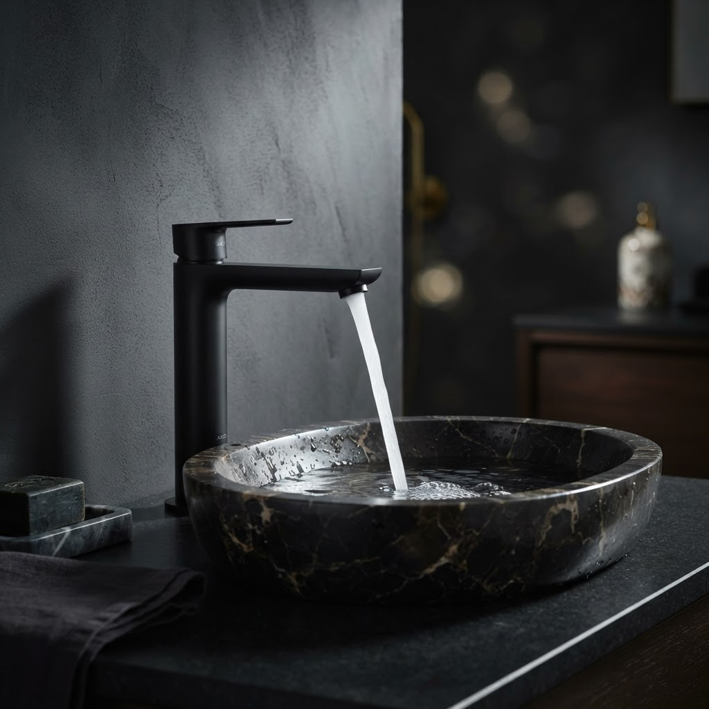Hansberg matte black faucet with running water over a dark stone basin