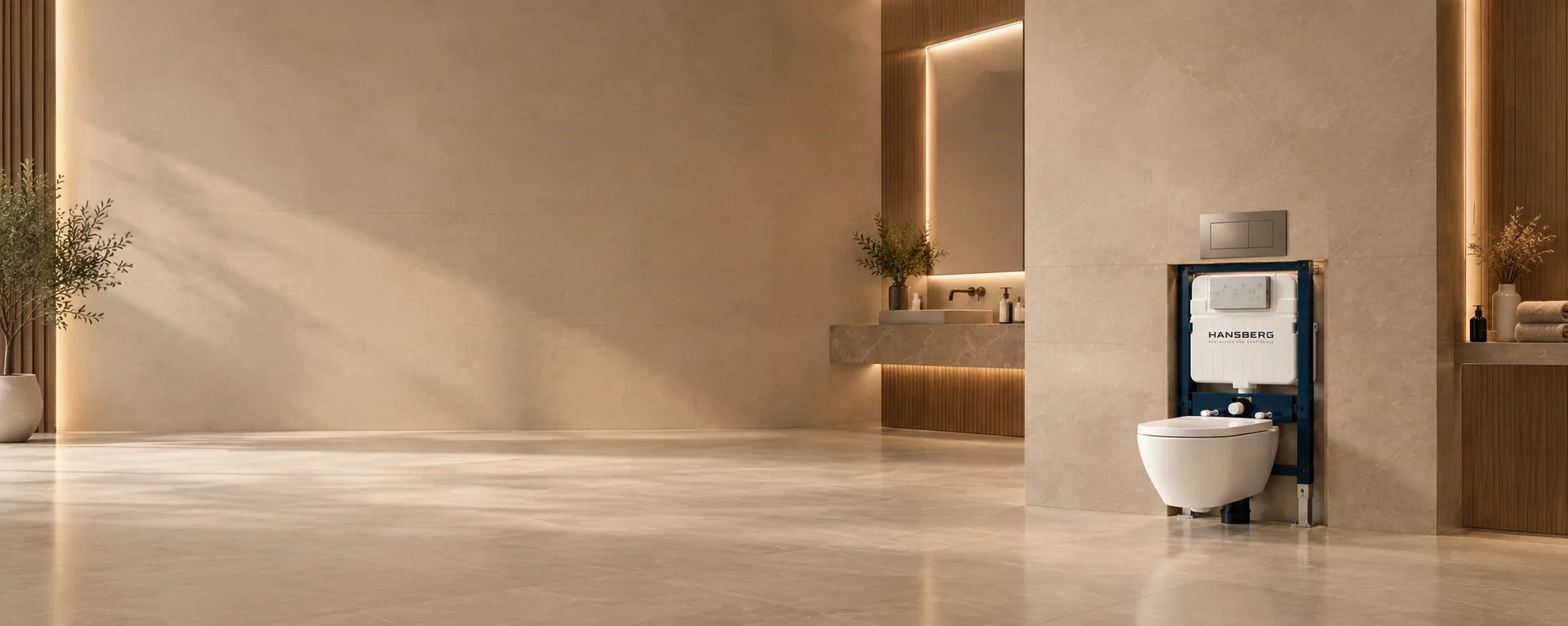 Marble bathroom with wall-hung toilet and Dubai skyline at sunset