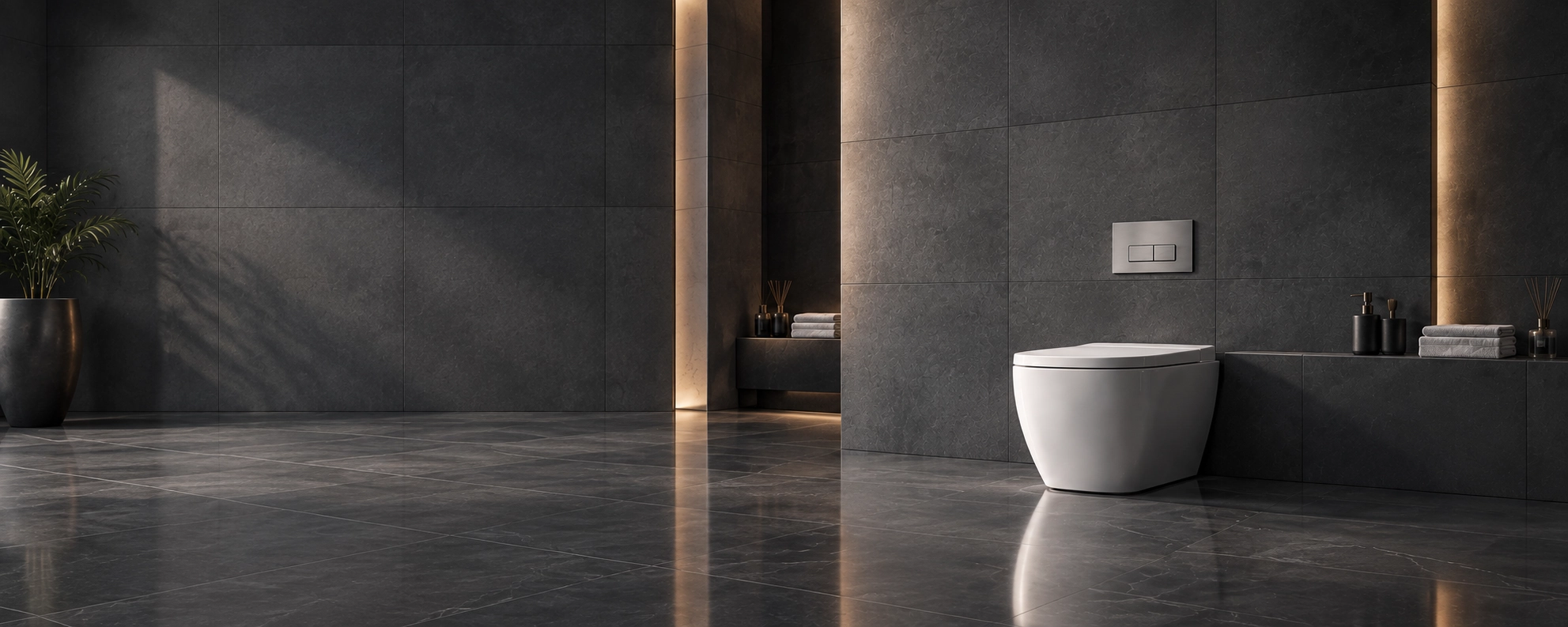 Hansberg wall-hung toilet in a modern dark stone bathroom