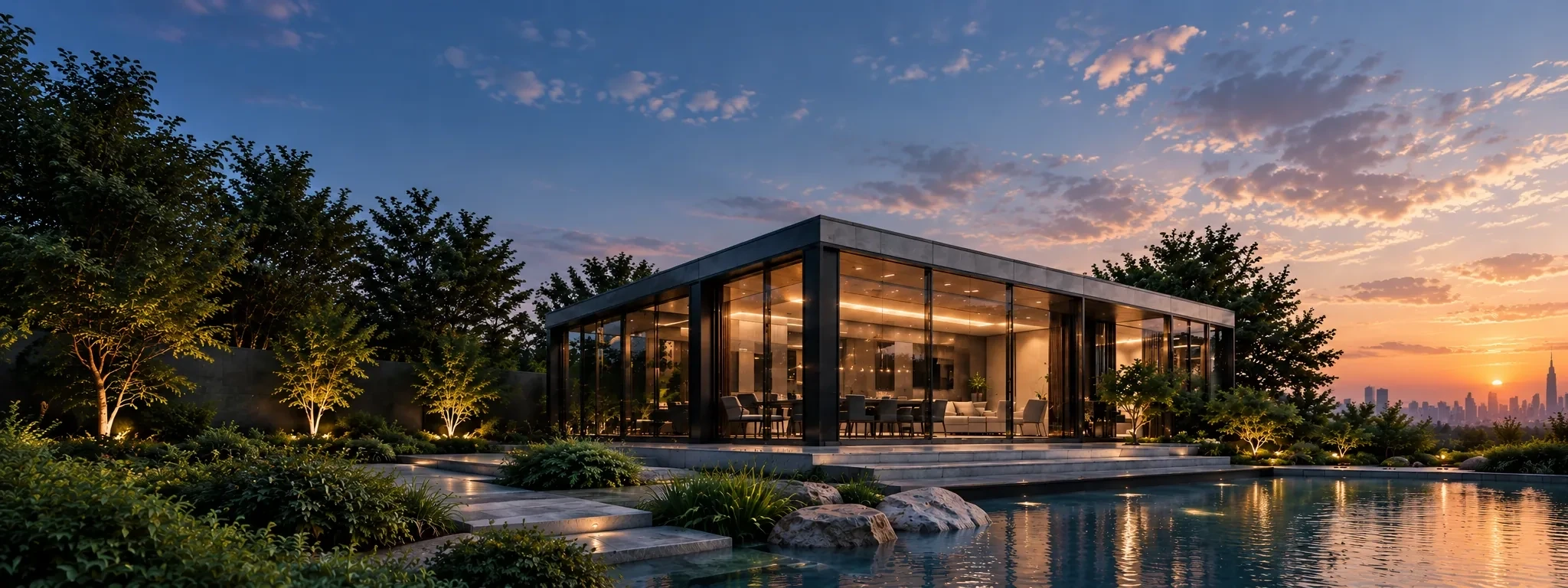 Modern glass villa illuminated at dusk with pool